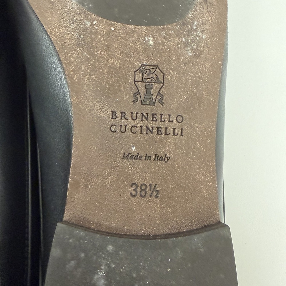 Brunello Cucinelli Leather & Sheepskin Mules Shoes Black Monili Bows 38 1/2 8.5B - Picture 10 of 11